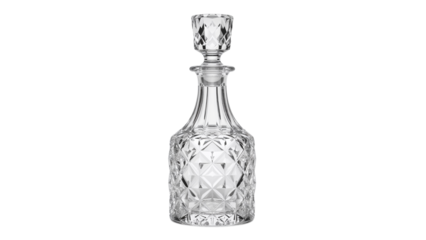 Elegant crystal decanter with stopper, showcasing intricate diamond-cut design and refined craftsmanship.. Isolated on transparent background, png