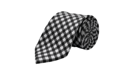 Gingham patterned men's necktie, neatly curled, displaying a classic black and white check. Isolated on transparent background, png