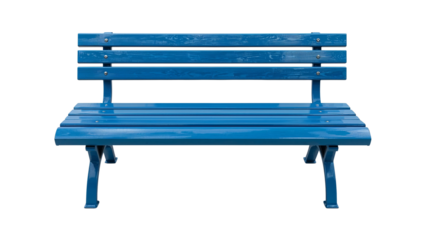 A blue park bench provides a place for rest and relaxation in a tranquil outdoor setting. Isolated on transparent background, png