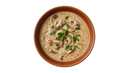 Creamy mushroom soup with fresh parsley served in a ceramic bowl, perfect for a cozy meal. Isolated on transparent background, png