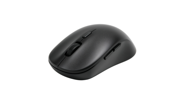Wireless black computer mouse with scroll wheel and side buttons. Isolated on transparent background, png