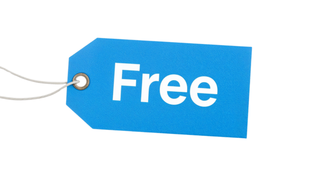 A light blue tag with the word 'Free' in bold white letters, attached with a string and metal ring.. Isolated on transparent background, png