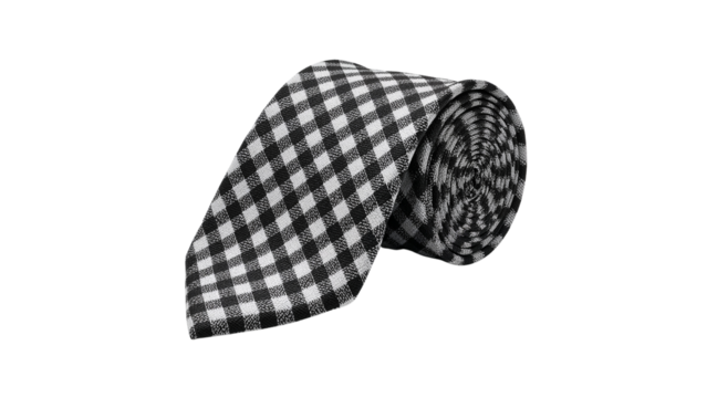 Gingham patterned men's necktie, neatly curled, displaying a classic black and white check. Isolated on transparent background, png