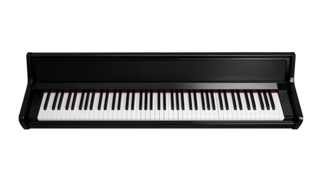 Sleek digital piano with elegant black finish, perfect for modern music enthusiasts and performers. Isolated on transparent background, png