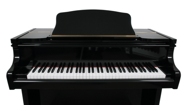 Classic black piano with glossy finish, keyboard visible, ready for music and entertainment. Isolated on transparent background, png