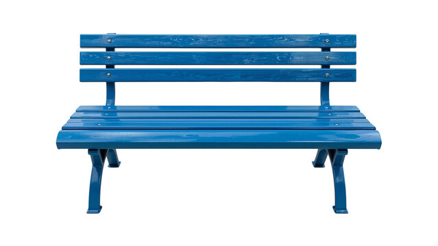 A blue park bench provides a place for rest and relaxation in a tranquil outdoor setting. Isolated on transparent background, png