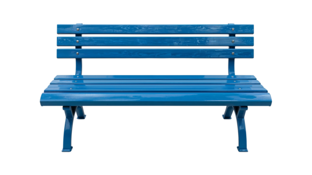 A blue park bench provides a place for rest and relaxation in a tranquil outdoor setting. Isolated on transparent background, png