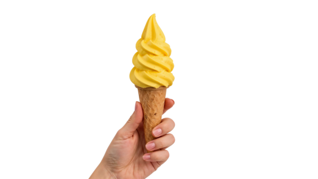 Hand holding a yellow frozen dessert on a cone. Isolated on transparent background, png