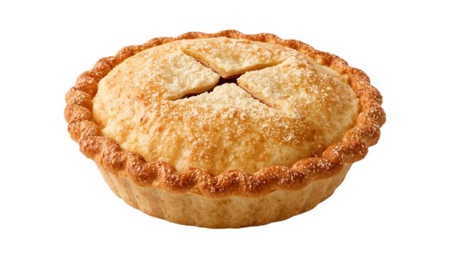 Golden-crusted single-serving pie with a lattice design, dusted with a touch of confectioner's sugar. Isolated on transparent background, png