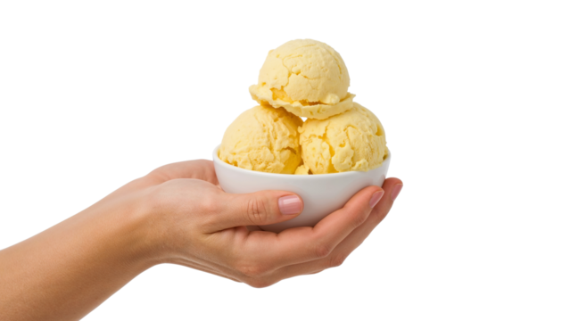 Person holding a small bowl filled with three scoops of yellow ice cream Isolated on transparent background, png