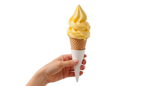 A hand holds a cone of swirling yellow frozen dessert, Isolated on transparent background, png