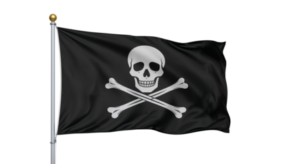 Black flag featuring a skull and crossbones, often associated with piracy and seafaring history. Isolated on transparent background, png