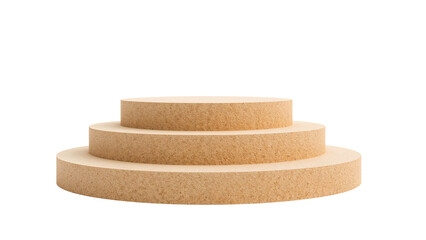 Three-tiered display platform made of light brown wood-like material Isolated on transparent background, png