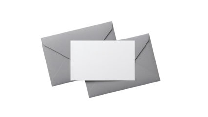 Elegant correspondence: Blank card resting on gray envelopes Isolated on transparent background, png