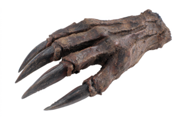 A realistic prop of a dinosaur claw, resembling a fossilized appendage with sharp, dark talons.