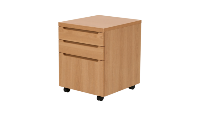 Wooden Filing Cabinet: Three drawers provide office storage solutions for organization and efficiency. Isolated on transparent background, png