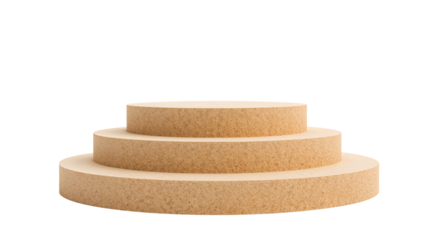 Three-tiered display platform made of light brown wood-like material Isolated on transparent background, png