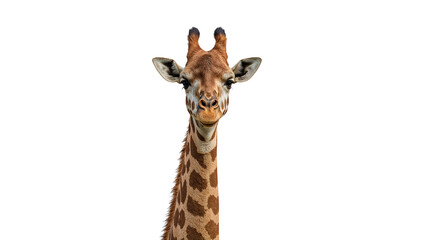 Obraz premium Giraffe portrait with a neck and head, looking at the viewer, Isolated on transparent background, png