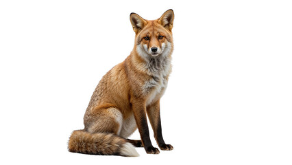 Obraz premium A striking photograph of a red fox sitting gracefully and looking directly at the camera. Isolated on transparent background, png
