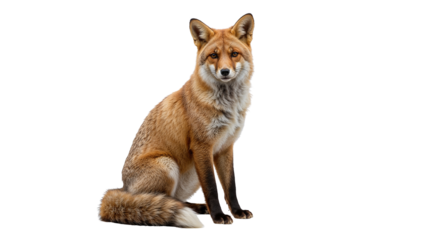 A striking photograph of a red fox sitting gracefully and looking directly at the camera. Isolated on transparent background, png