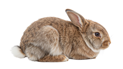A small, furry animal poses in a relaxed position, with one ear erect and its tail peeking out. Isolated on transparent background, png