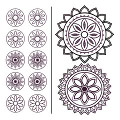 Collection of decorative floral mandala designs in black and white line art style