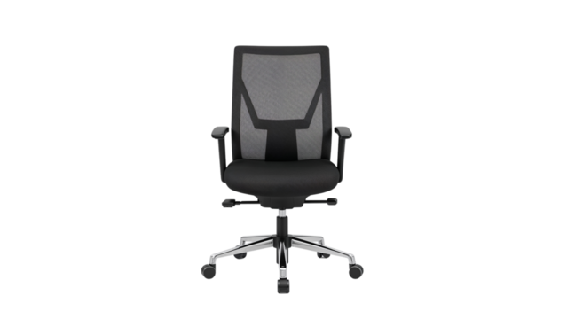 Ergonomic office chair with mesh back, adjustable armrests, and chrome base for comfortable seating. Isolated on transparent background, png