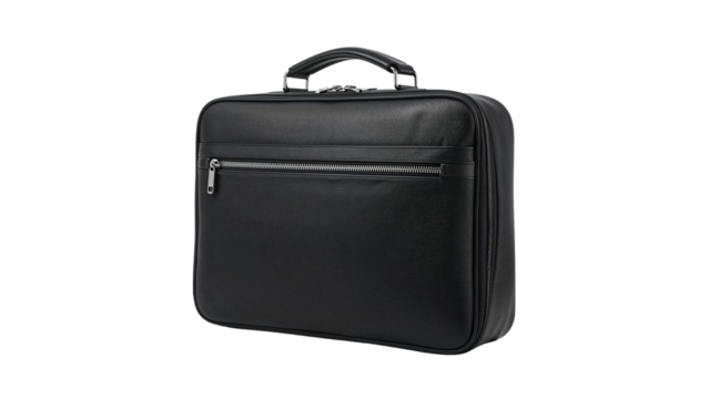 Classic black professional briefcase with a sleek design and practical features for business use. Isolated on transparent background, png
