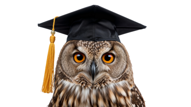 Wise owl wearing a graduation cap, symbolizing education, knowledge, and academic achievement. Isolated on transparent background, png