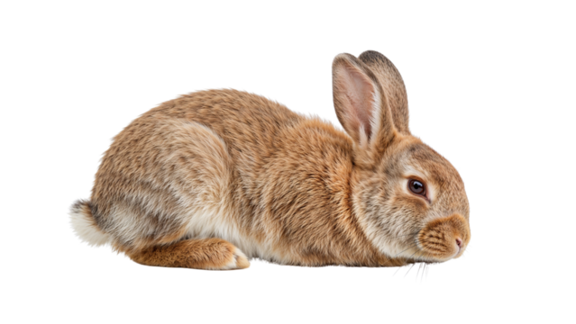 A small brown rabbit with tan and white fur is posed Isolated on transparent background, png