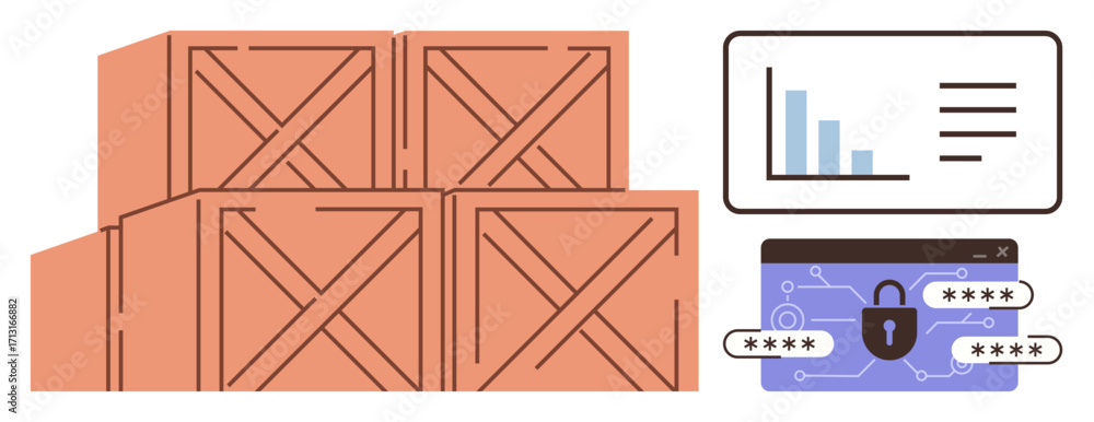 Poster wooden crates stacked in a warehouse, alongside analytical chart and secure digital system with pass