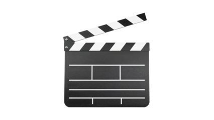 Black and white striped film clapperboard with hinged top used for film and television production. Isolated on transparent background, png