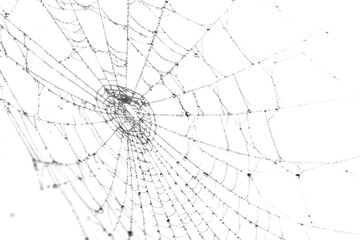 Obraz premium Close-up of a spiderweb with intricate patterns and delicate threads against a white background.