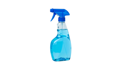 A spray bottle filled with blue cleaning solution. Studio shot. Isolated on transparent background, png