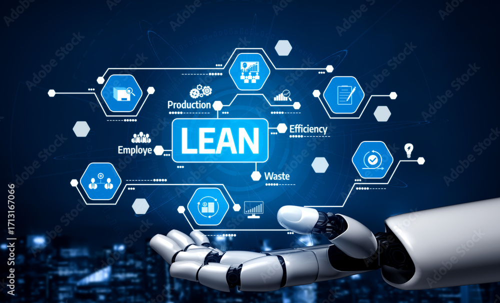 Aufkleber a futuristic robotic hand displays icons representing lean management concepts such as efficiency, w