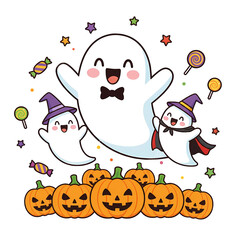 Fototapeta premium Happy Ghosts Celebrating Halloween with Pumpkins and Candy – Cute Vector Set