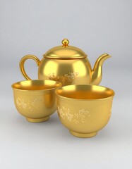 Gold tea set, teapot and two cups with floral design