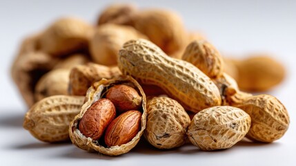 Peanuts on Display: A close-up shot of several fresh, shelled peanuts alongside unshelled ones, ready for a snack. showcasing their organic forms, shapes, and textures.