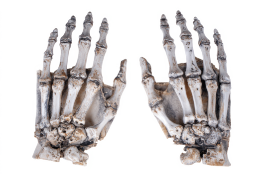Two detailed skeletal hands, possibly props, with visible bone structure, isolated on a white background.