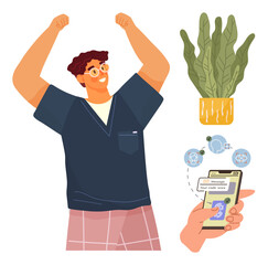 Happy man raising arms in triumph, smartphone with two-factor authentication, abstract security icons, and houseplant. Ideal for digital security, success, technology, online safety, motivation user
