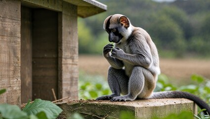 Obraz premium Cotton-top tamarin grooming near elevated shelter beside field edge