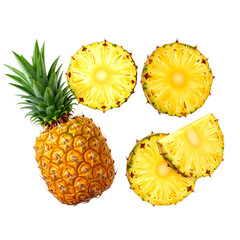 Whole and Halved Pineapple with Vibrant Interior, Top-Down View, Isolated