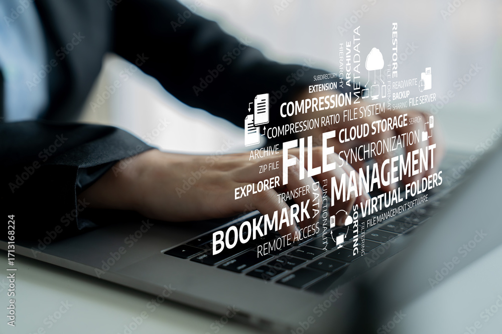 Poster a business professional utilizes a laptop for efficient file management, focusing on cloud storage, 