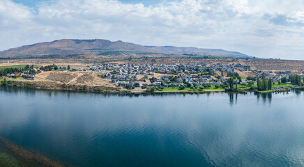 Aerial drone view of Columbia River by Maplecreek and the waterfront of Orondo in Washington State