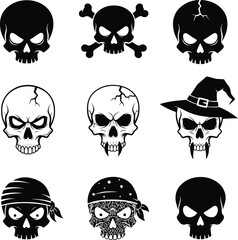 Halloween Skull Icons Set - A Pack of 9 Different Silhouette Illustrations with a White Background