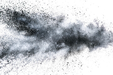 A dynamic explosion of dark gray and white powder against a clean white background, creating a sense of motion and energy.