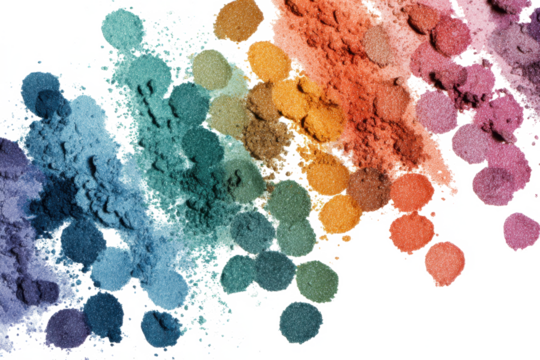 Colorful eyeshadow powder arranged in a gradient on a white background.