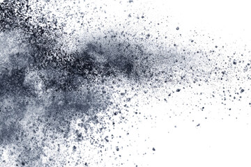 Fototapeta premium A dynamic explosion of fine black and grey dust particles spreading across a stark white background.