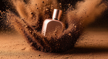 Rose gold perfume bottle in a dynamic explosion of brown powder. Concept of an earthy fragrance, cosmetics, and beauty product advertising.