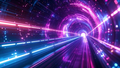Fototapeta premium Digital tunnel with neon light trails, moving into a bright portal. Blue and pink hues dominate, with a futuristic feel